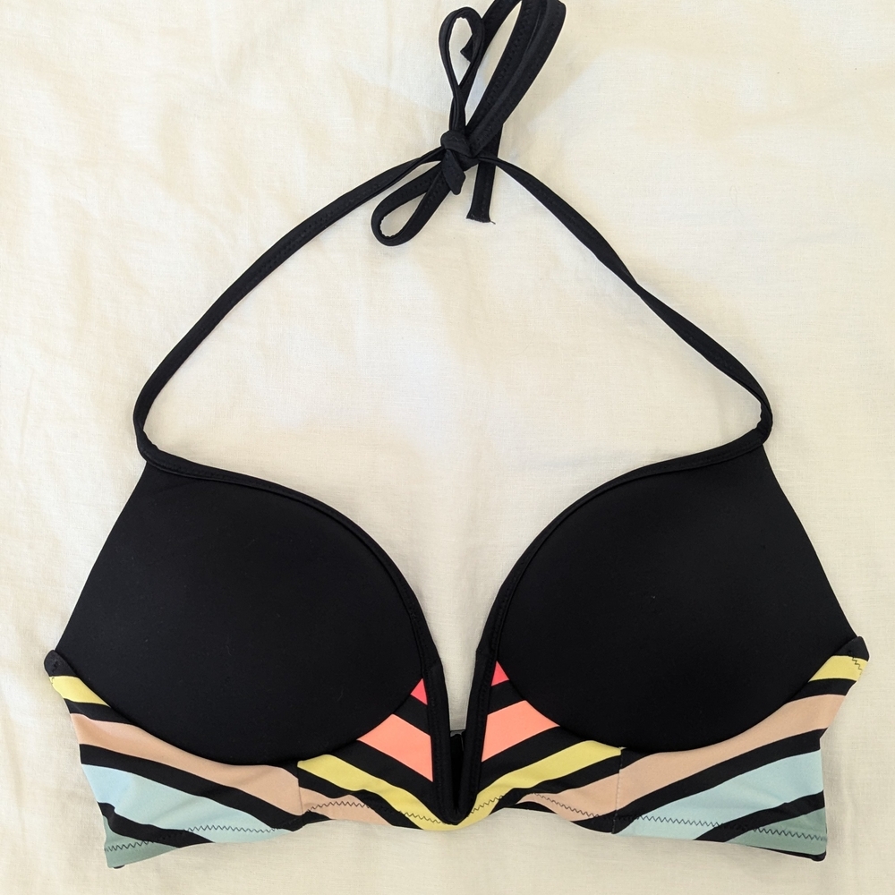 PINK Victoria's Secret Black Halter Push-Up Bikini Top with Pastel Stripes